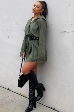 Rebellious Fashion Khaki Oversized Shirt Dress - Chelby