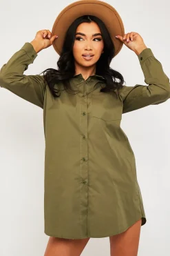 Rebellious Fashion Khaki Oversized Shirt Dress - Chelby