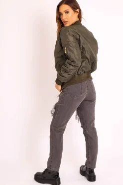 Rebellious Fashion Khaki Padded Bomber Jacket - Chelsy