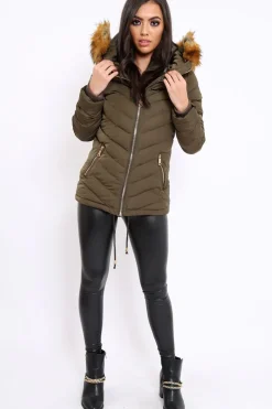 Rebellious Fashion Khaki Padded Coat With Faux Fur Trim Hood - Jocelyn