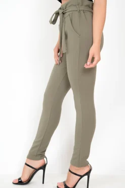 Rebellious Fashion Khaki Paper Bag Tie Waist Cigarette Trousers - Karmen