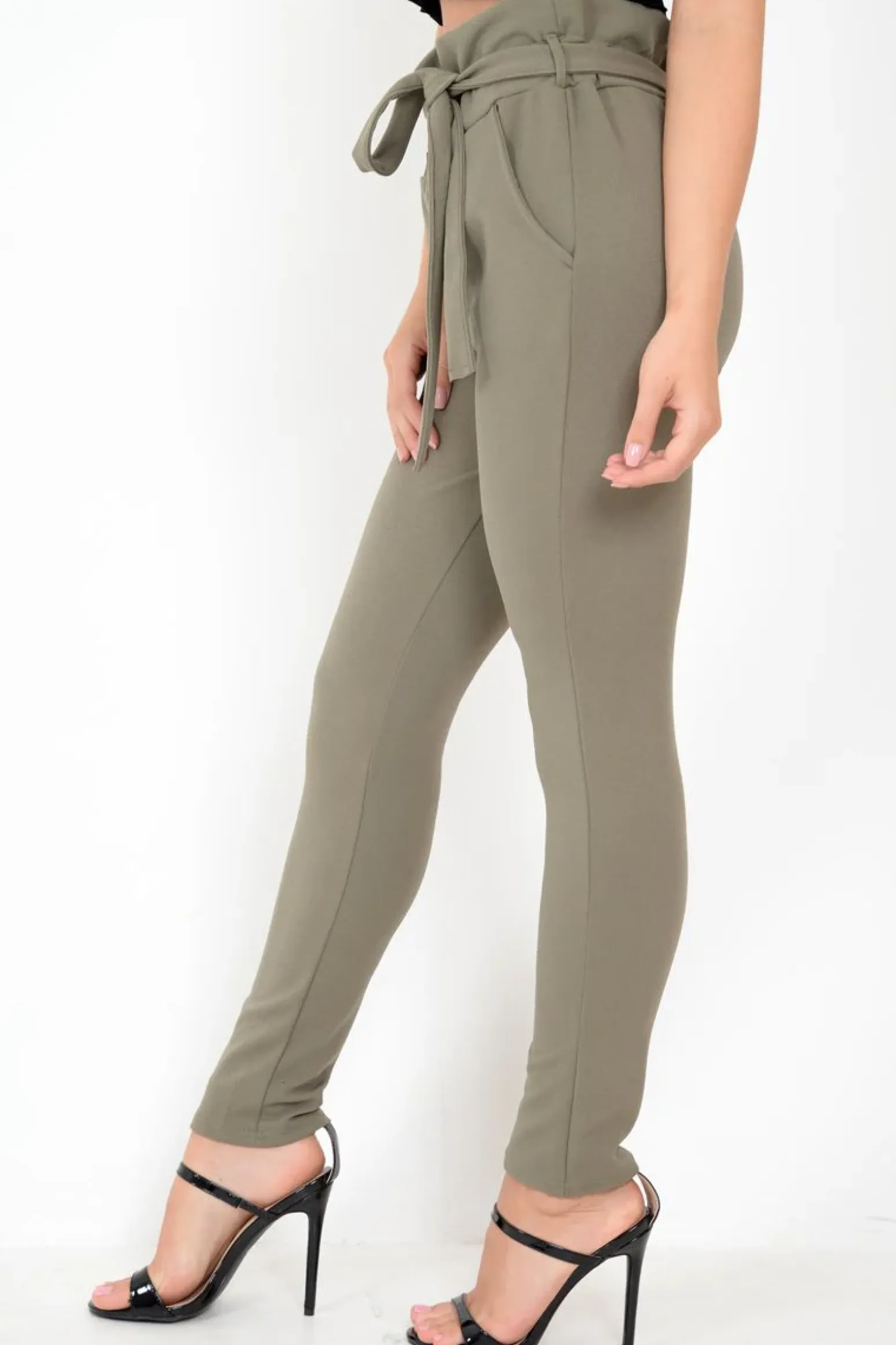 Rebellious Fashion Khaki Paper Bag Tie Waist Cigarette Trousers - Karmen