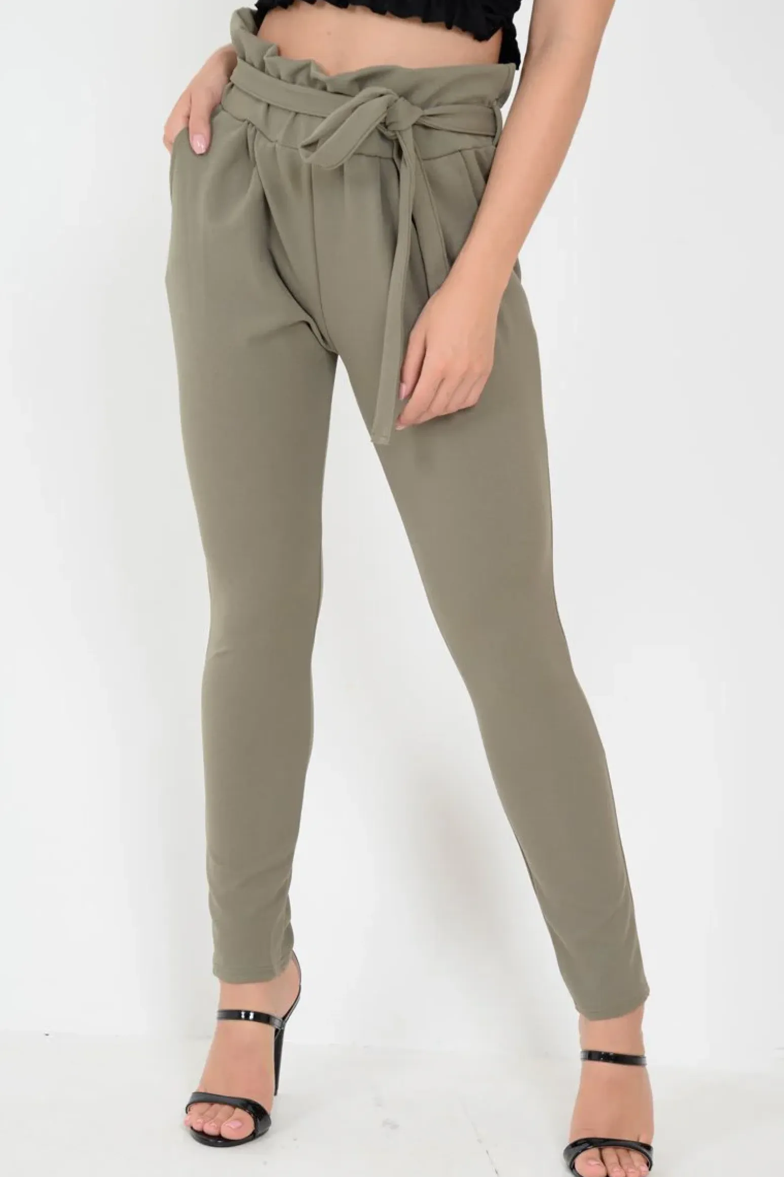 Rebellious Fashion Khaki Paper Bag Tie Waist Cigarette Trousers - Karmen