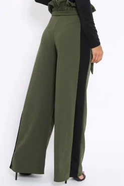 Rebellious Fashion Khaki Paper Bag Tie Waist Wide Leg Trousers With Black Stripe - Kennedy