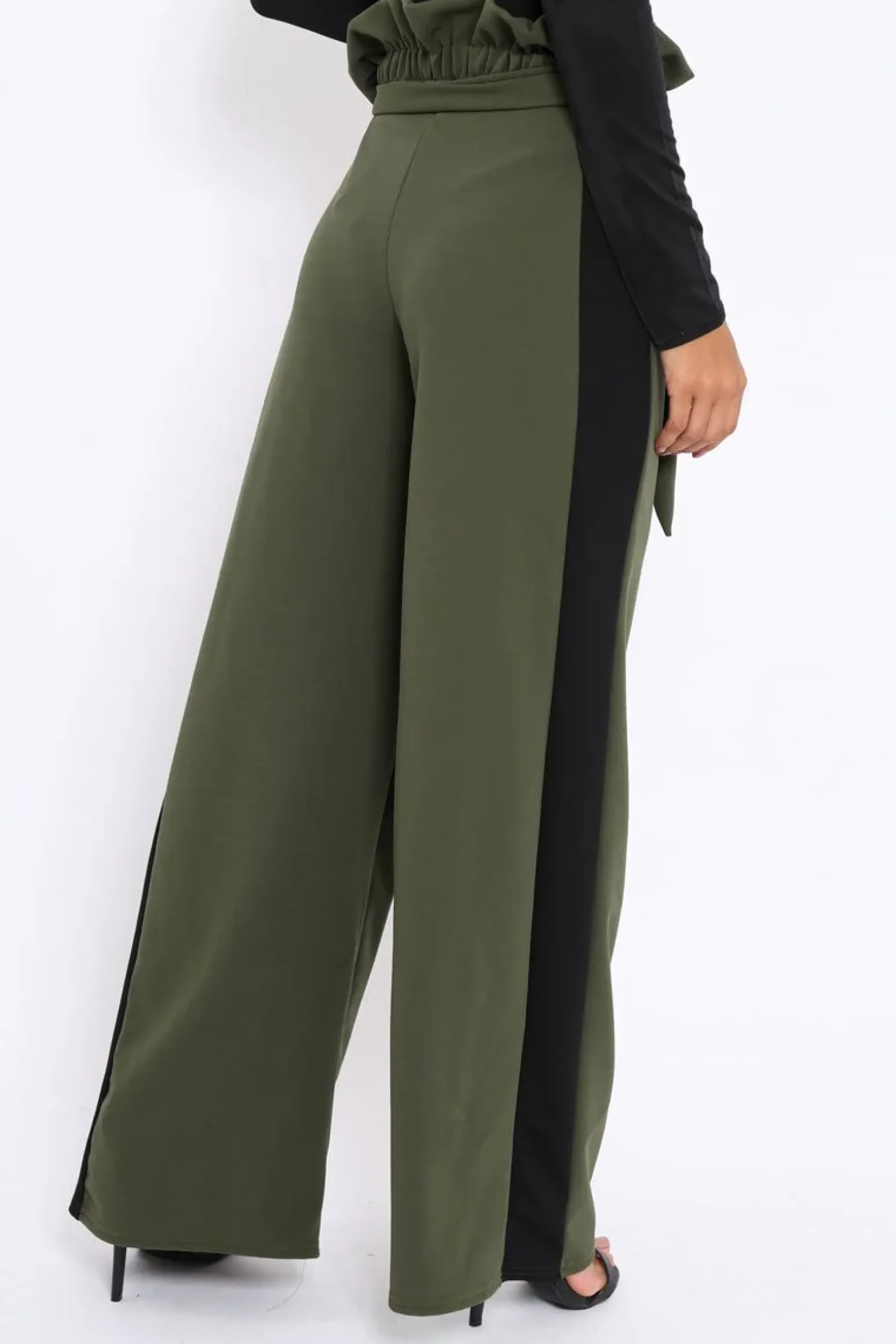 Rebellious Fashion Khaki Paper Bag Tie Waist Wide Leg Trousers With Black Stripe - Kennedy