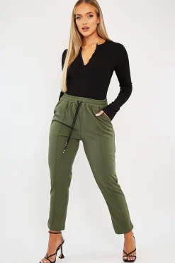 Rebellious Fashion Khaki Piping Detail Woven Trouser - Laila