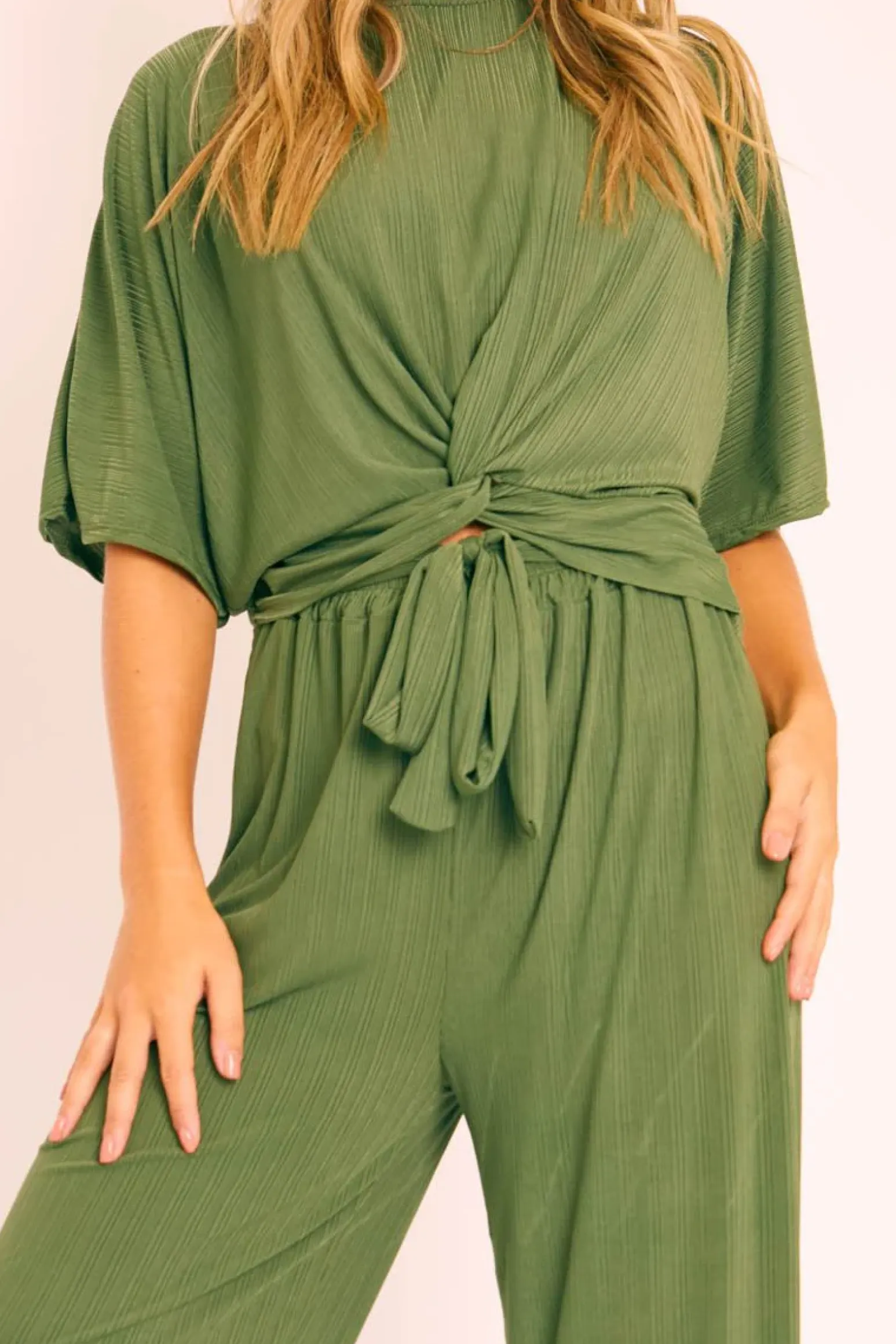 Rebellious Fashion Khaki Plisse Wide Leg Trouser and Top Co-ord - Hellen