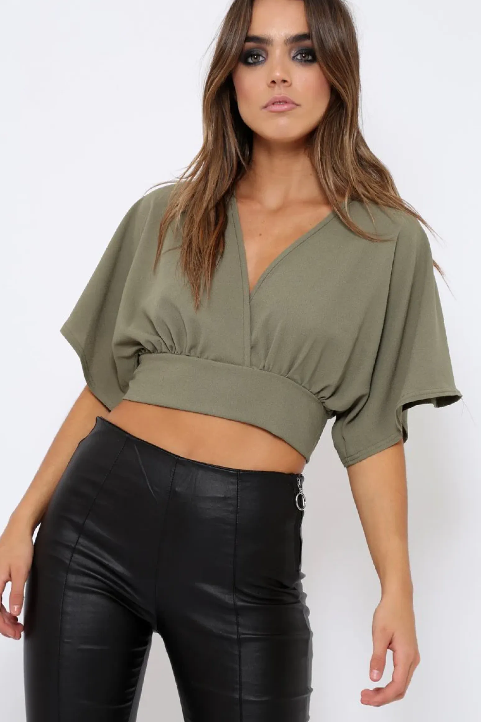 Rebellious Fashion Khaki Plunge Crop Top - Suzanne