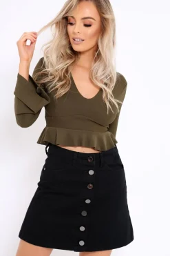 Rebellious Fashion Khaki Plunge Flare Sleeve Crop Top with Frill Hem - Masie
