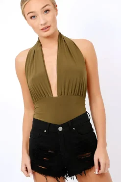 Rebellious Fashion Khaki plunge Halterneck Bodysuit - Lona