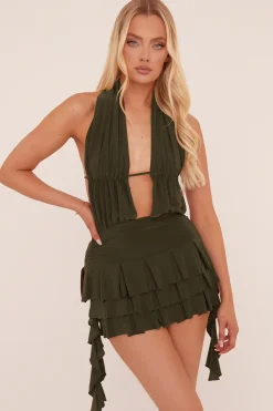 Rebellious Fashion Khaki Plunge Neck Frill Detail Mini Dress - Swan