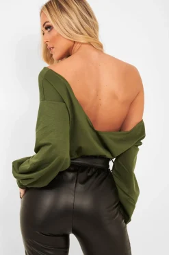 Rebellious Fashion Khaki Plunge off Shoulder Cropped Sweatshirt - Zarah