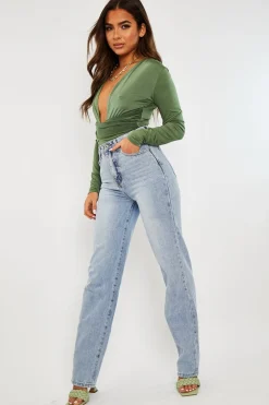 Rebellious Fashion Khaki Plunging Wrap Middle Bodysuit - Ivyrose