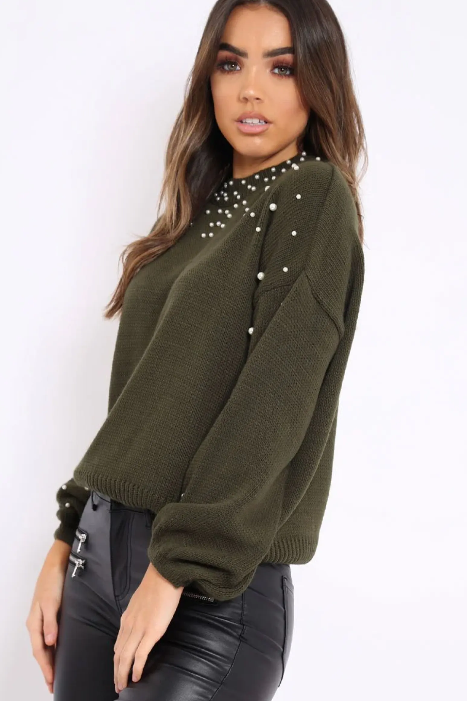 Rebellious Fashion Khaki Puff Sleeve Pearl Chunky Knit Jumper - Nancie