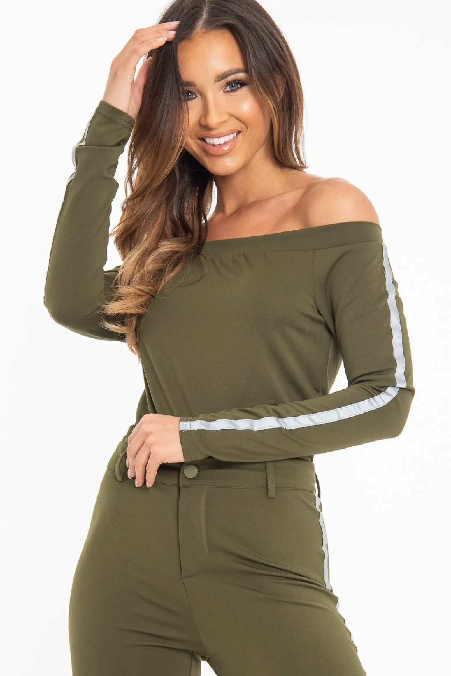 Rebellious Fashion Khaki Reflective Stripe Side Bardot Crop Top - Reece