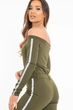 Rebellious Fashion Khaki Reflective Stripe Side Bardot Crop Top - Reece