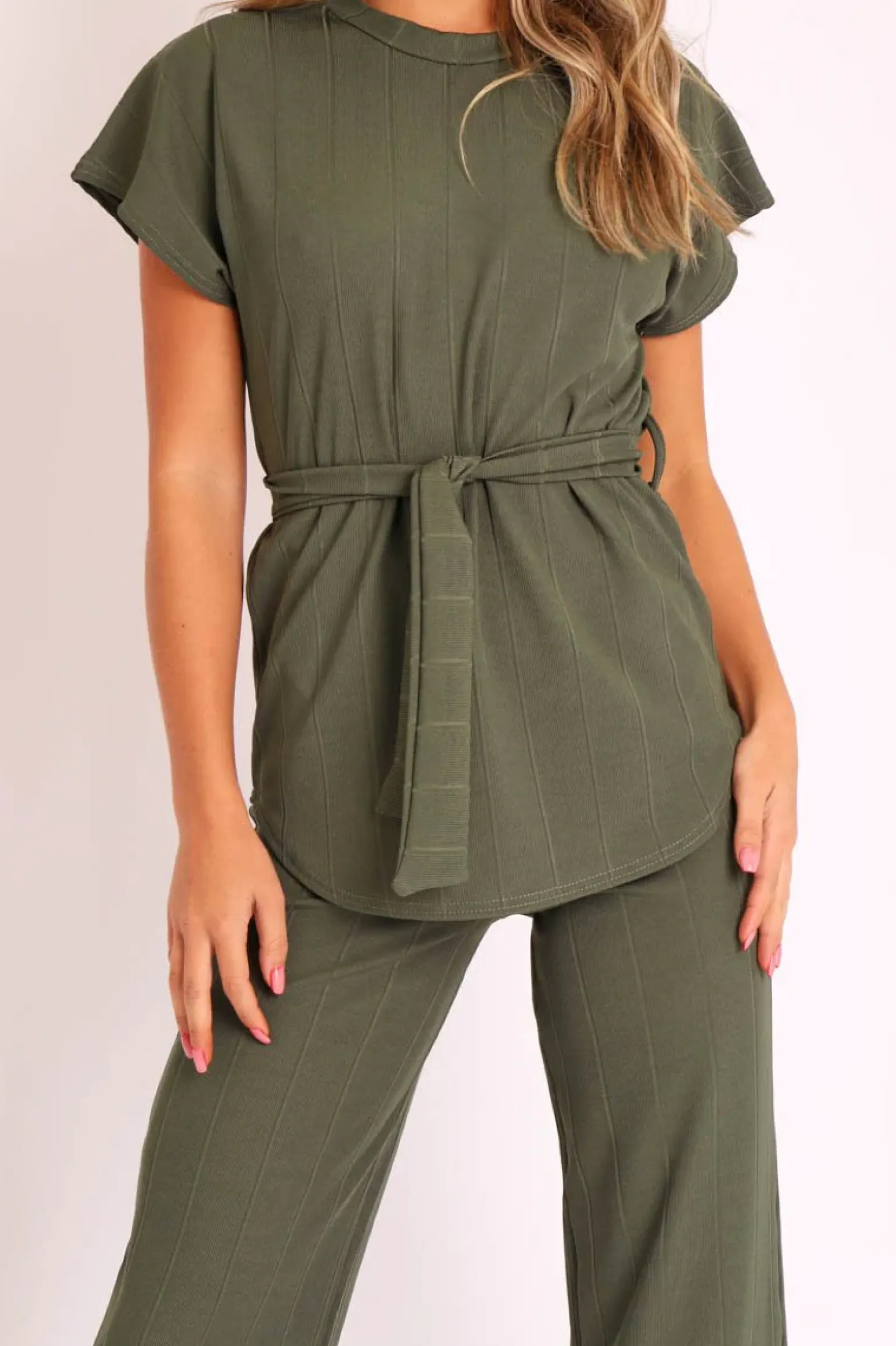 Rebellious Fashion Khaki Ribbed Belted Top and Wide Leg Trouser Co-ord - Tyla