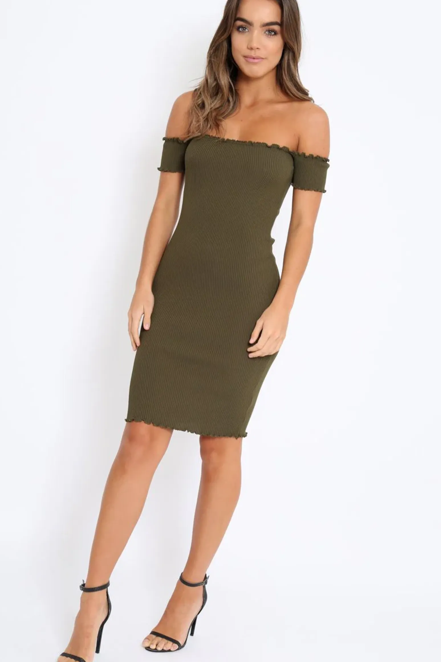 Rebellious Fashion Khaki Ribbed Frill Hem Bardot Bodycon Dress - Kamille