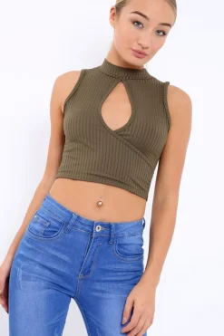 Rebellious Fashion Khaki Ribbed High Neck Crop Top - Kamira