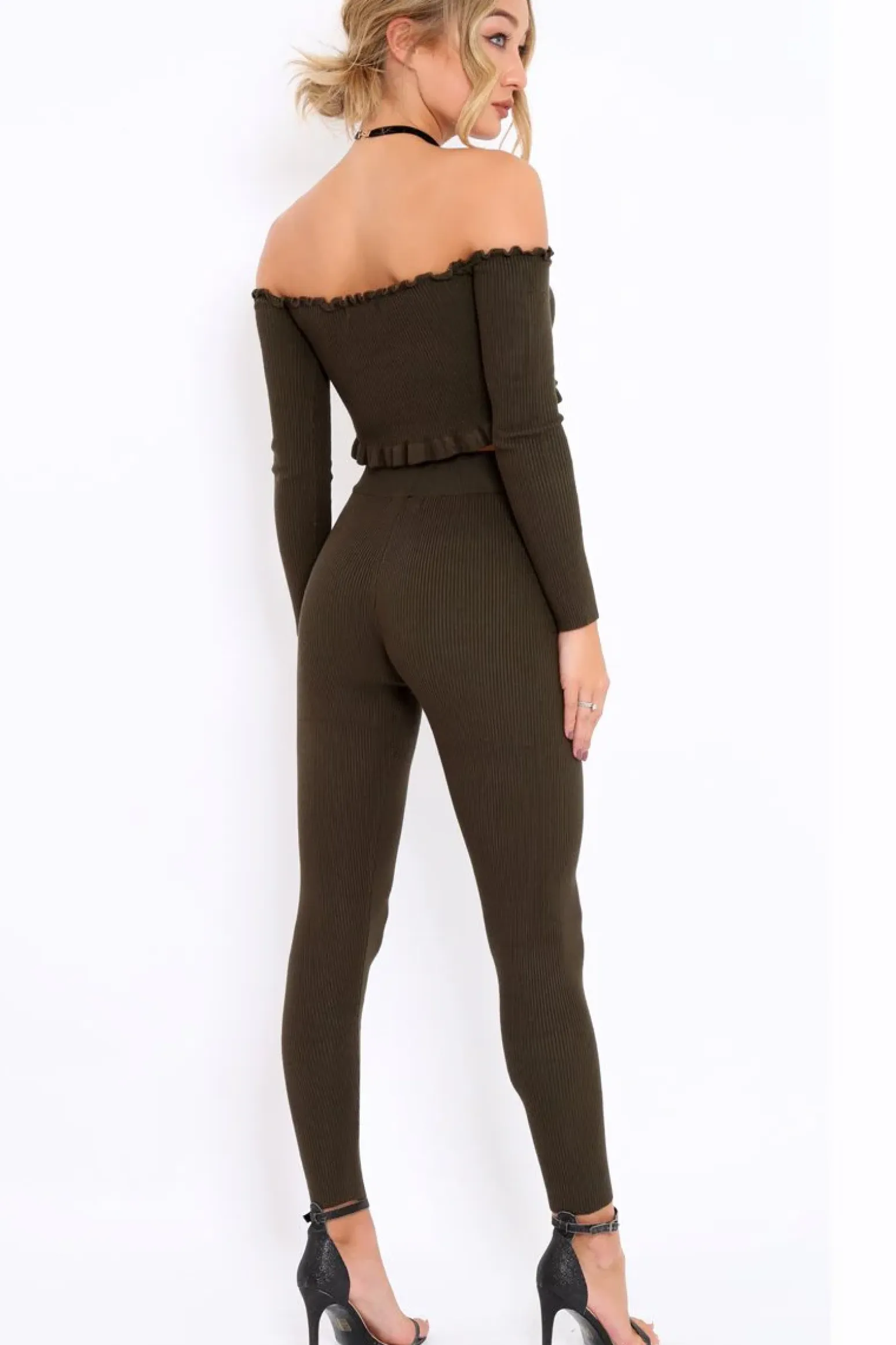Rebellious Fashion Khaki Ribbed Knit Co-ord - Luna