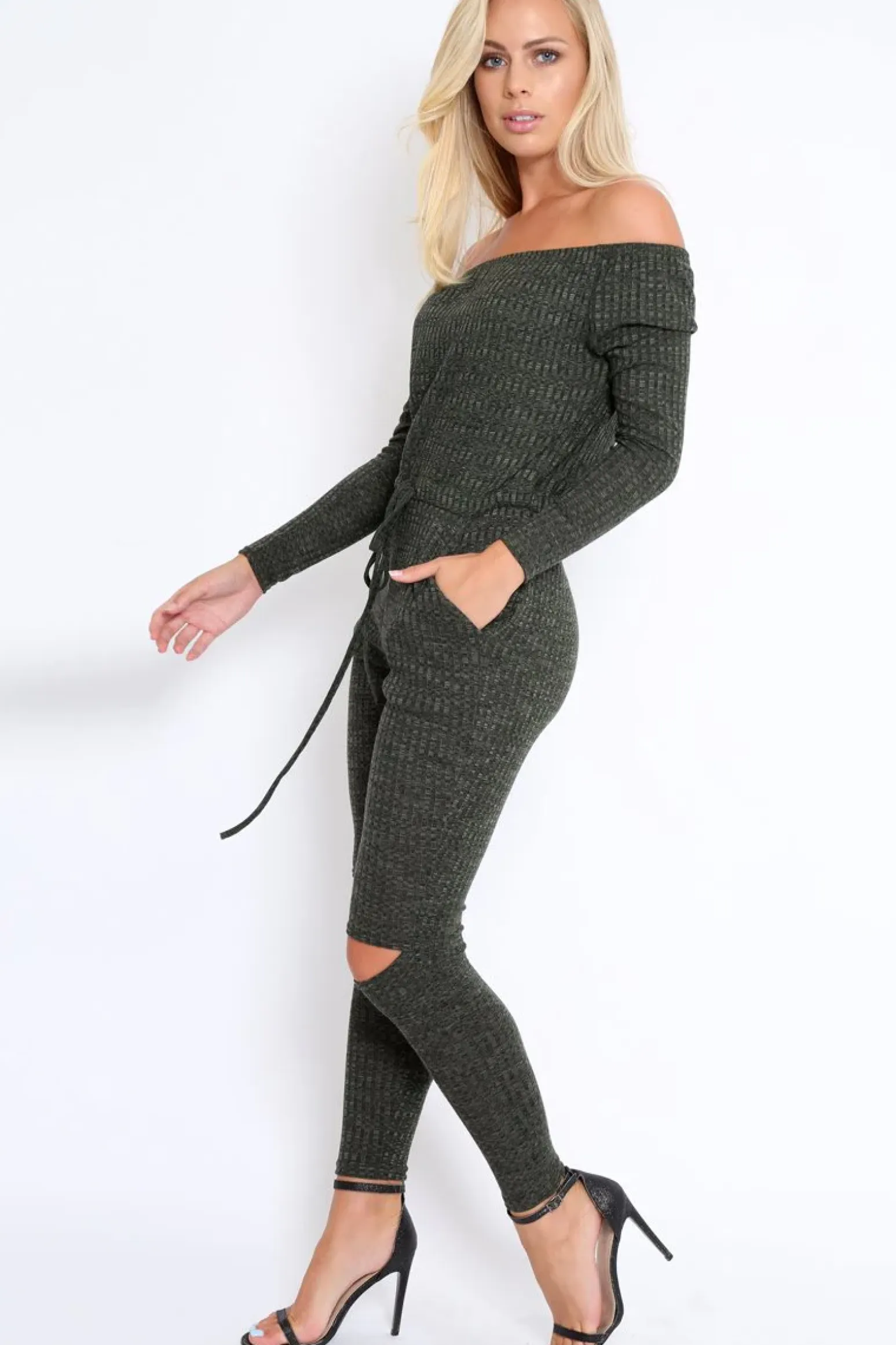 Rebellious Fashion Khaki Ribbed Rip Knee Jumpsuit - Chyna