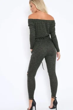 Rebellious Fashion Khaki Ribbed Rip Knee Jumpsuit - Chyna