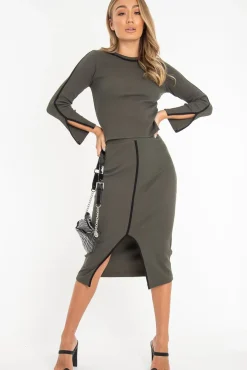 Rebellious Fashion Khaki Rib Contrast Piping Jumper Midi Skirt Co-Ord - Eloise
