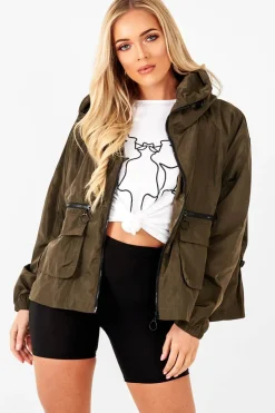 Rebellious Fashion Khaki Ring Pull Zip Front Windbreaker Jacket - Tesla