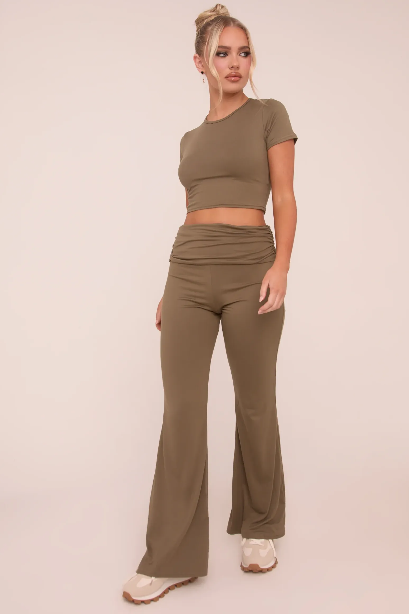 Rebellious Fashion Khaki Round Neck Cropped Top & Flared Leg Trousers Co-ord - Charlett