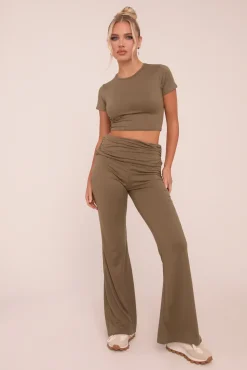 Rebellious Fashion Khaki Round Neck Cropped Top & Flared Leg Trousers Co-ord - Charlett