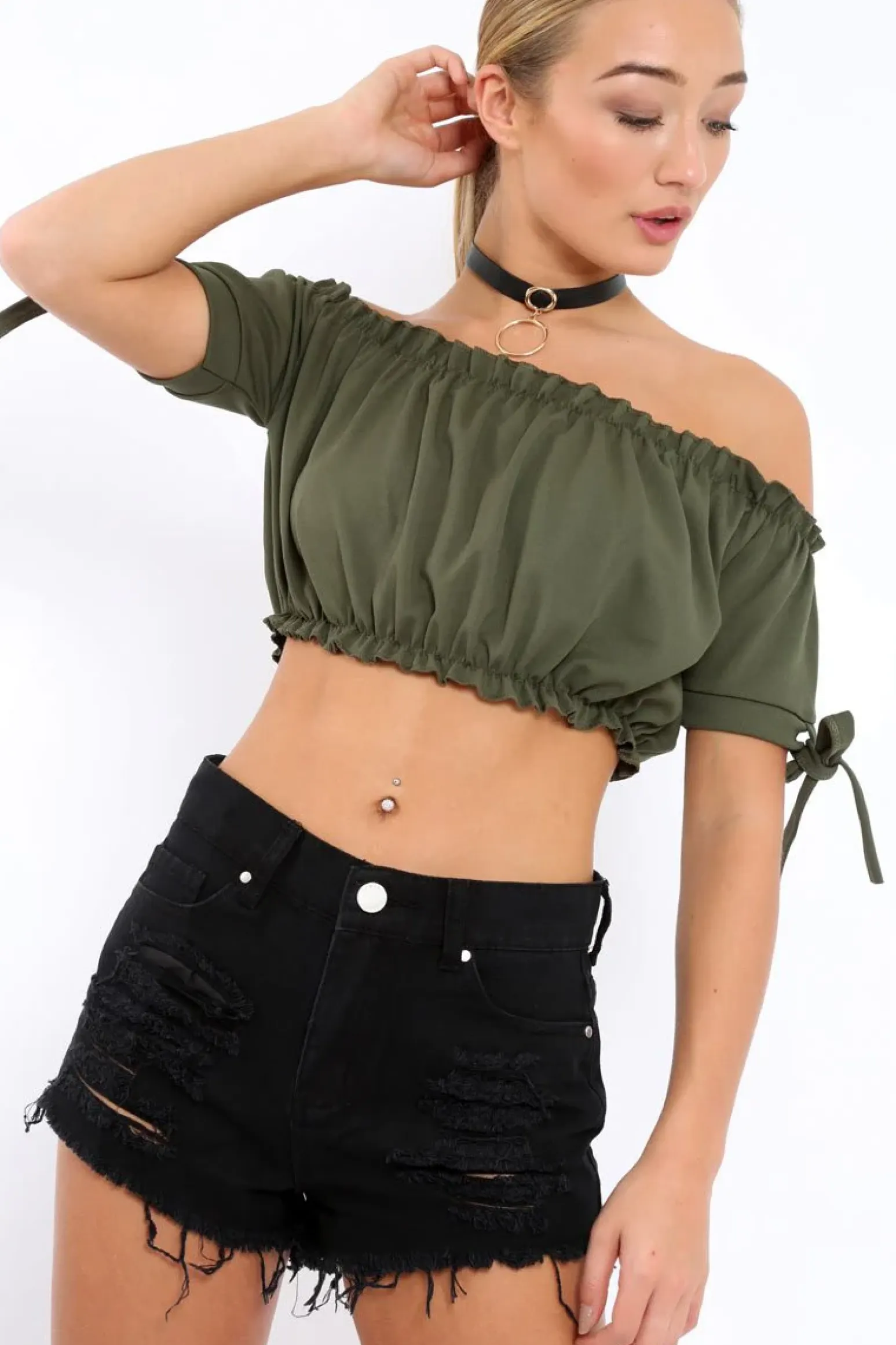 Rebellious Fashion Khaki Ruched Bardot Gypsy Crop Top - Janette