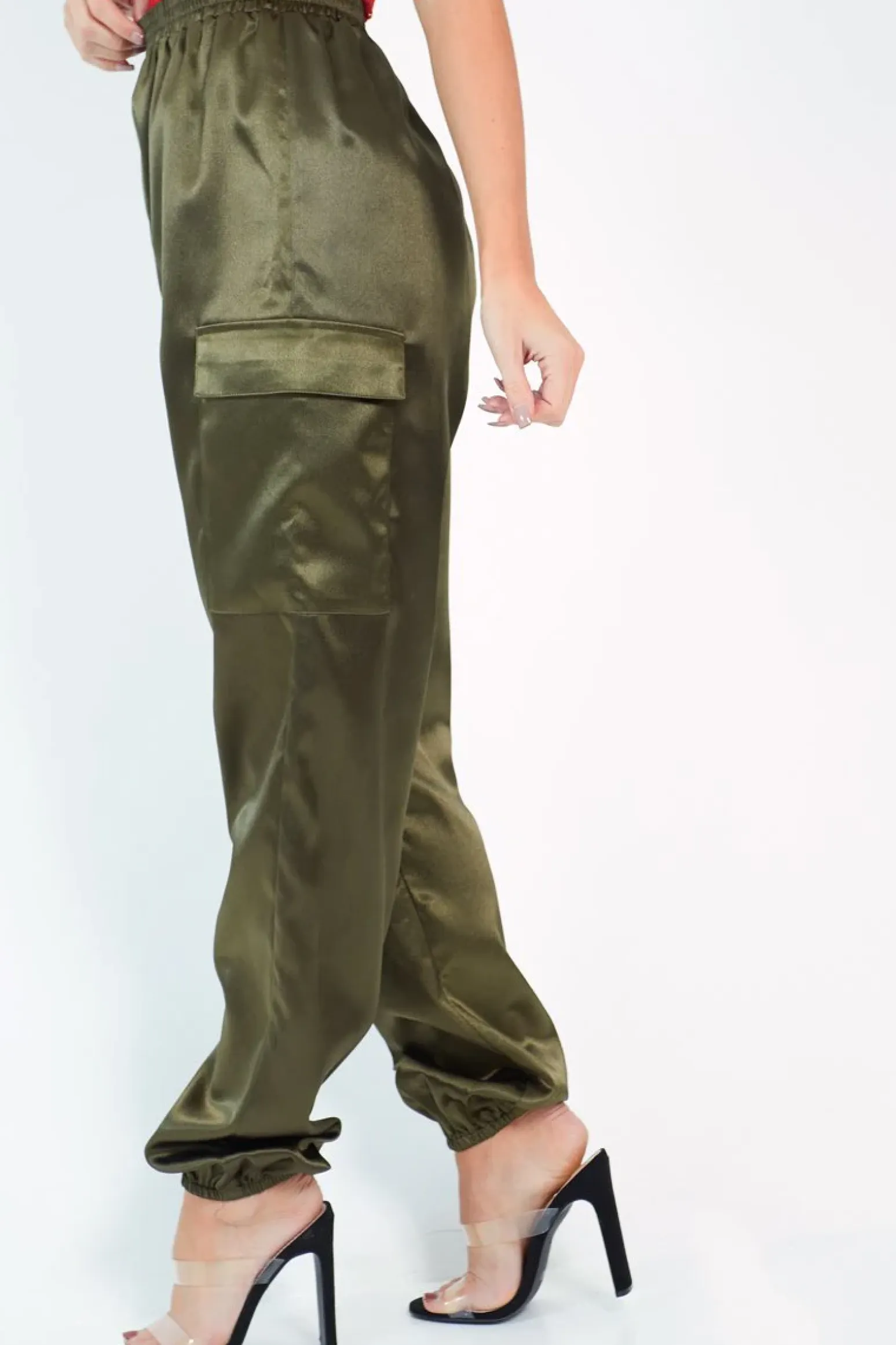 Rebellious Fashion Khaki Satin Cargo Trousers - Khyla