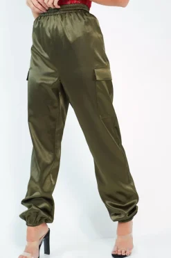Rebellious Fashion Khaki Satin Cargo Trousers - Khyla