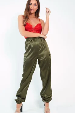 Rebellious Fashion Khaki Satin Cargo Trousers - Khyla