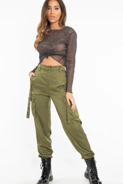 Rebellious Fashion Khaki Satin Utility Pocket Cuffed Hem Trousers - Delilah