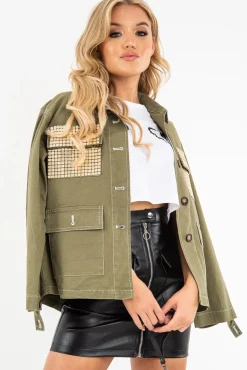 Rebellious Fashion Khaki Sequin Pocket Button Denim Jacket - Celeste