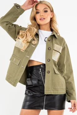 Rebellious Fashion Khaki Sequin Pocket Button Denim Jacket - Celeste
