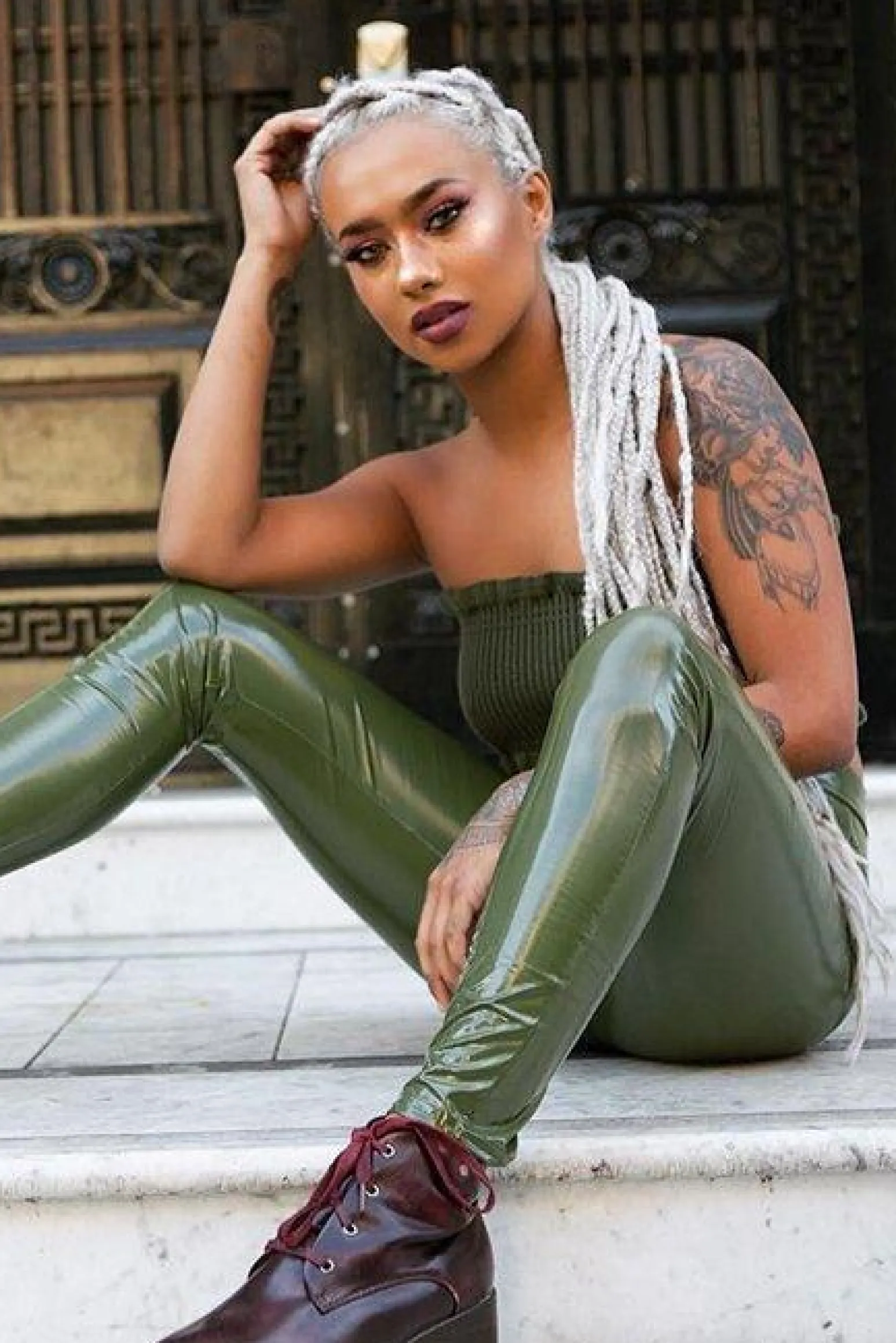 Rebellious Fashion Khaki Shiny Vinyl PU Leggings - Rio