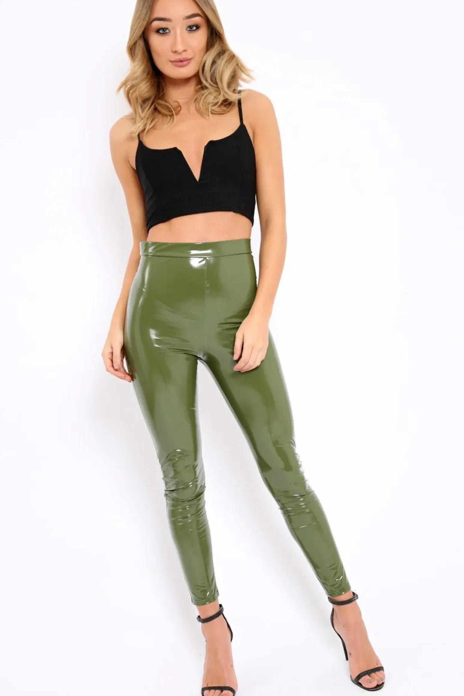 Rebellious Fashion Khaki Shiny Vinyl PU Leggings - Rio