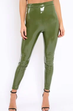 Rebellious Fashion Khaki Shiny Vinyl PU Leggings - Rio