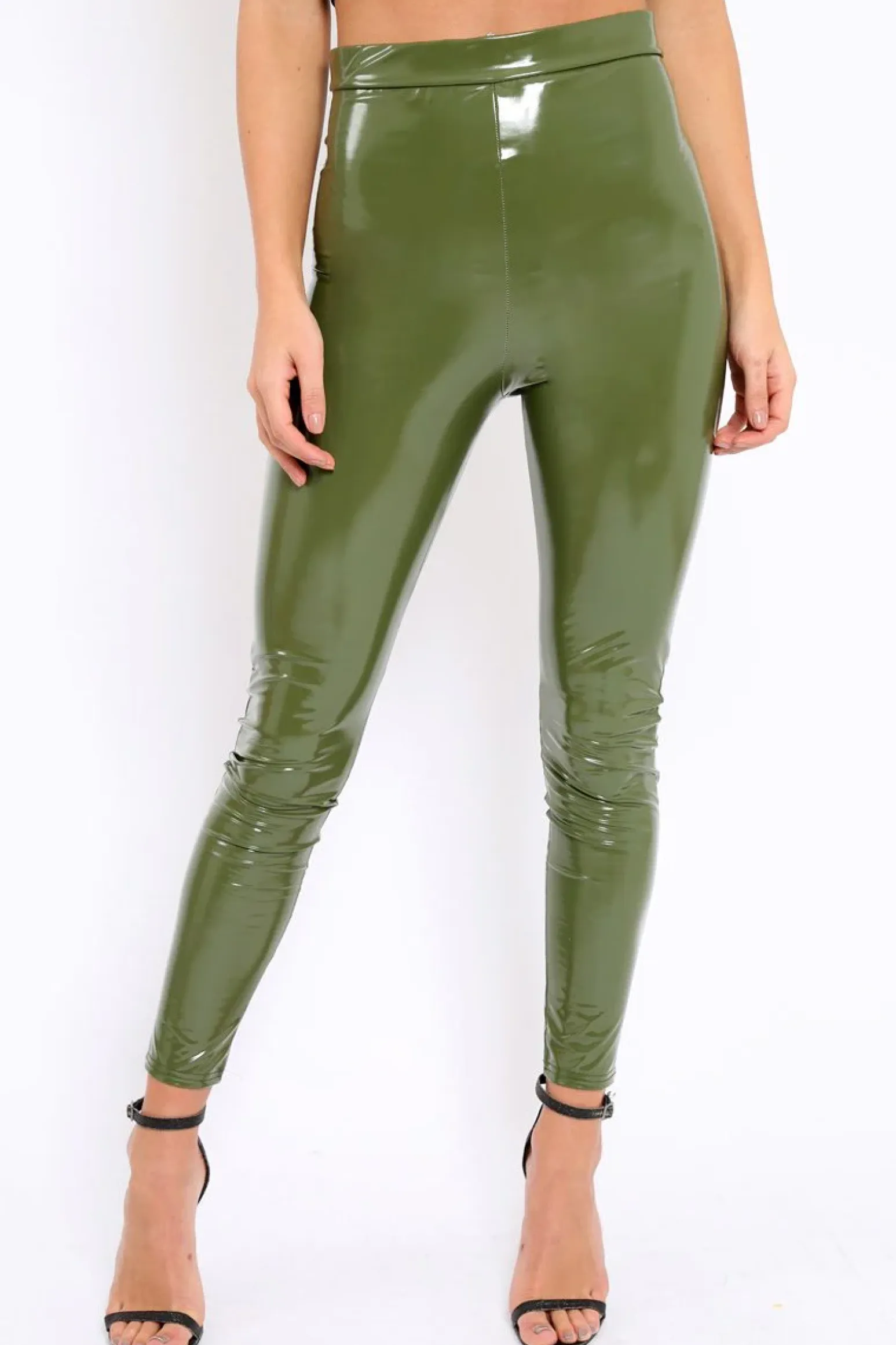 Rebellious Fashion Khaki Shiny Vinyl PU Leggings - Rio