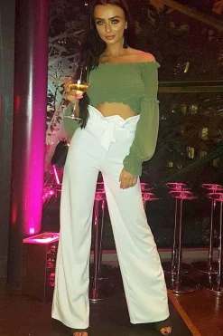 Rebellious Fashion Khaki Shirred Wrap Over Bardot Crop Top - Zuri