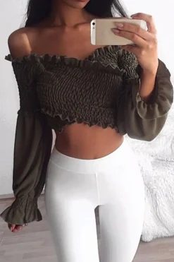 Rebellious Fashion Khaki Shirred Wrap Over Bardot Crop Top - Zuri