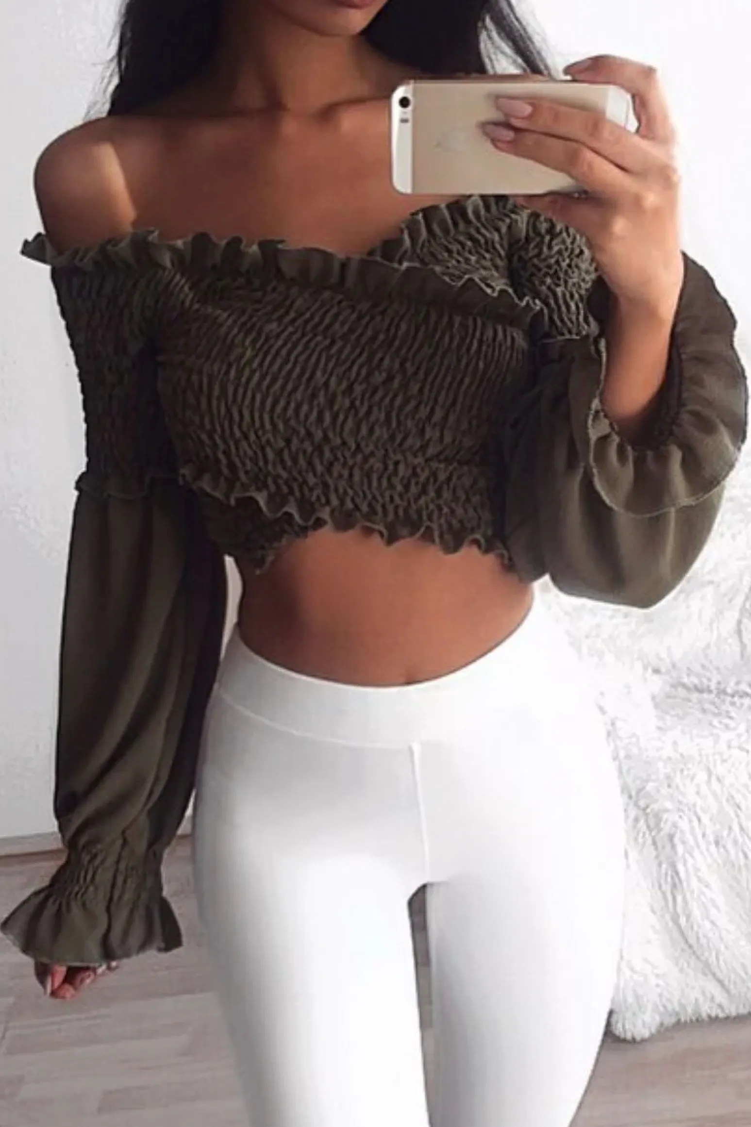 Rebellious Fashion Khaki Shirred Wrap Over Bardot Crop Top - Zuri