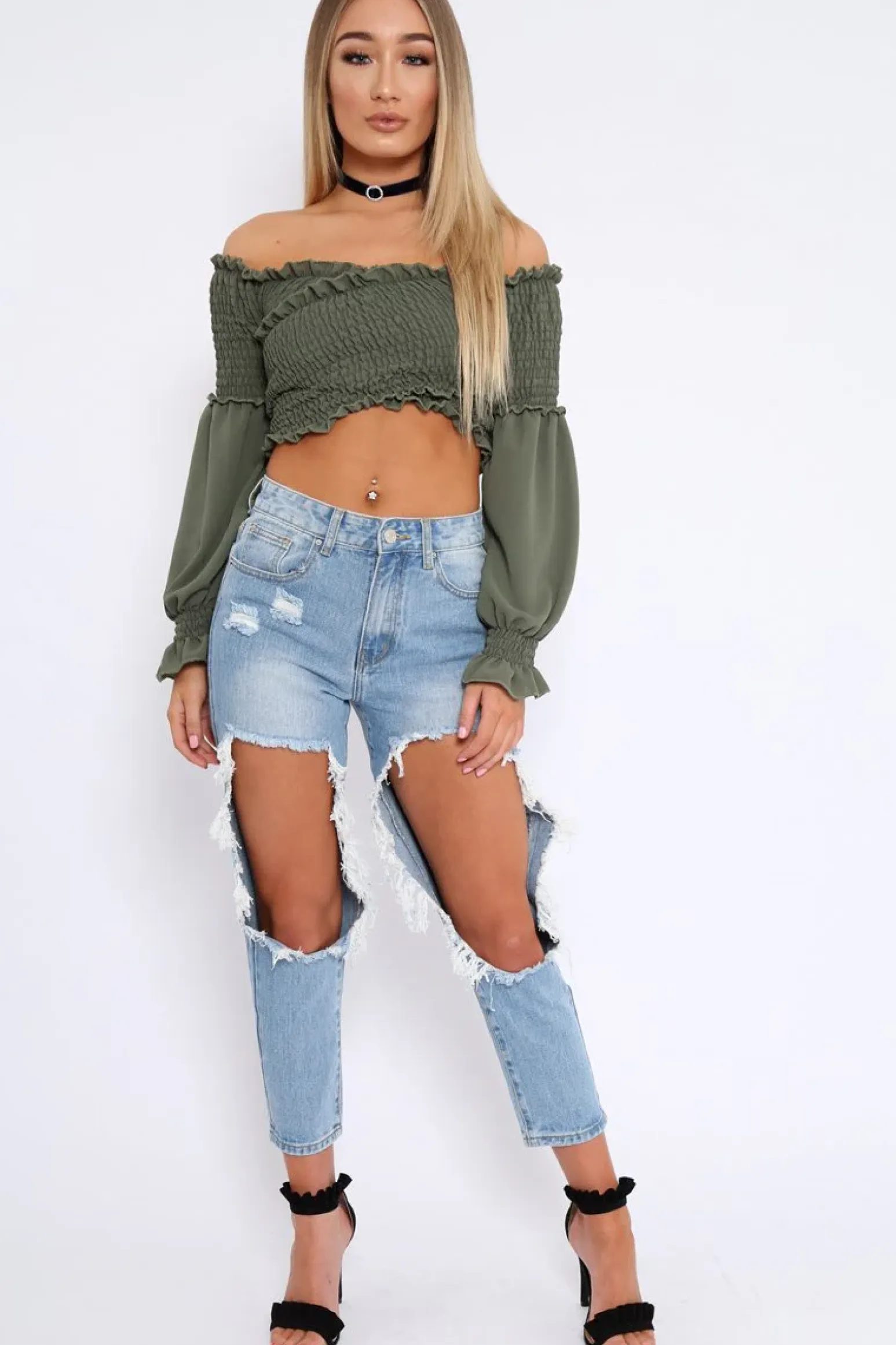 Rebellious Fashion Khaki Shirred Wrap Over Bardot Crop Top - Zuri