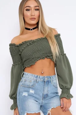 Rebellious Fashion Khaki Shirred Wrap Over Bardot Crop Top - Zuri