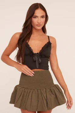 Rebellious Fashion Khaki Shirring Detail Puffball Mini Skirt - Gracen