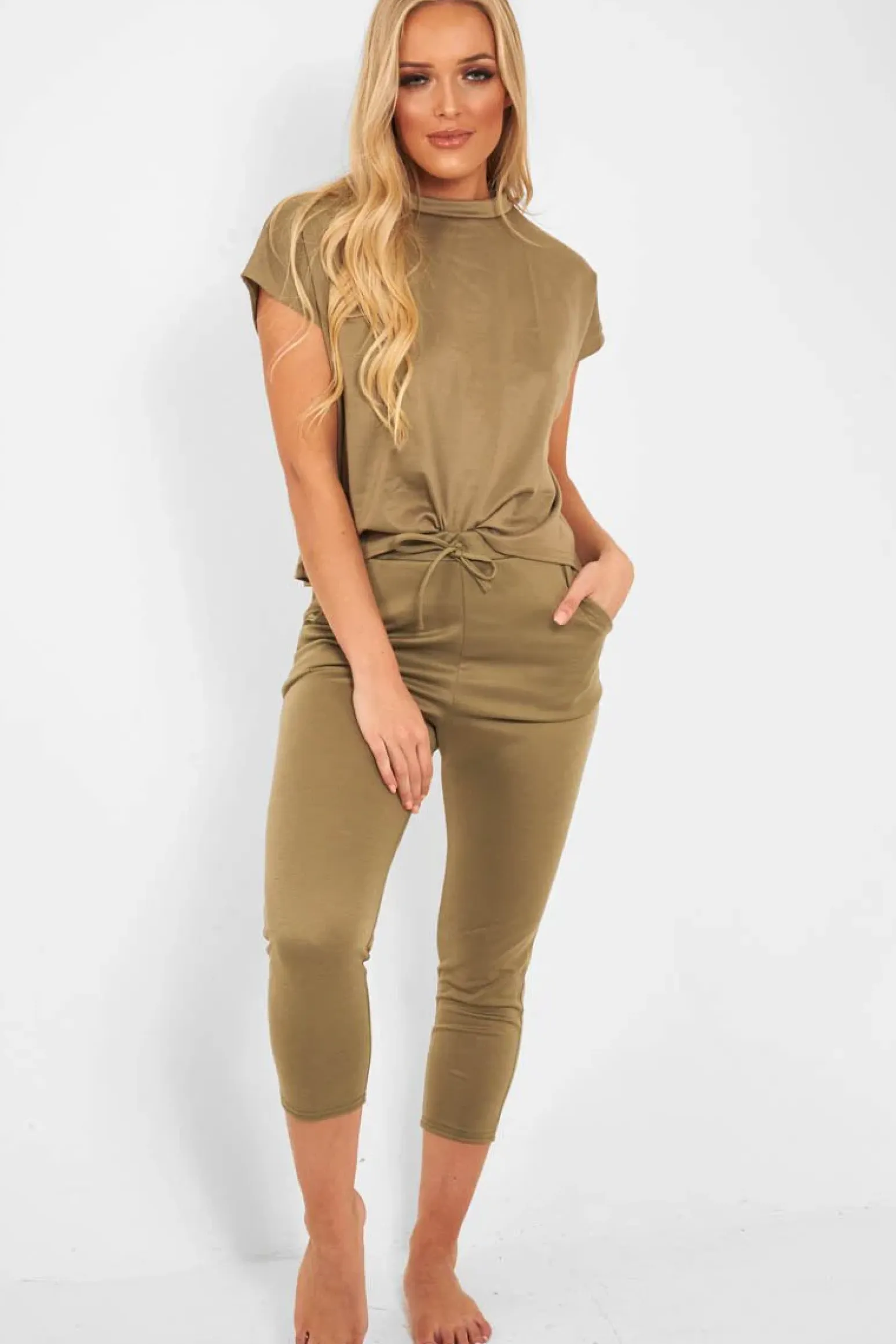 Rebellious Fashion Khaki Short Sleeve Crop Jogger Loungewear Set - Aarian