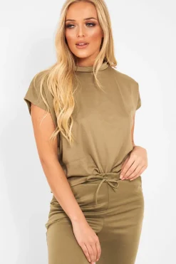 Rebellious Fashion Khaki Short Sleeve Crop Jogger Loungewear Set - Aarian