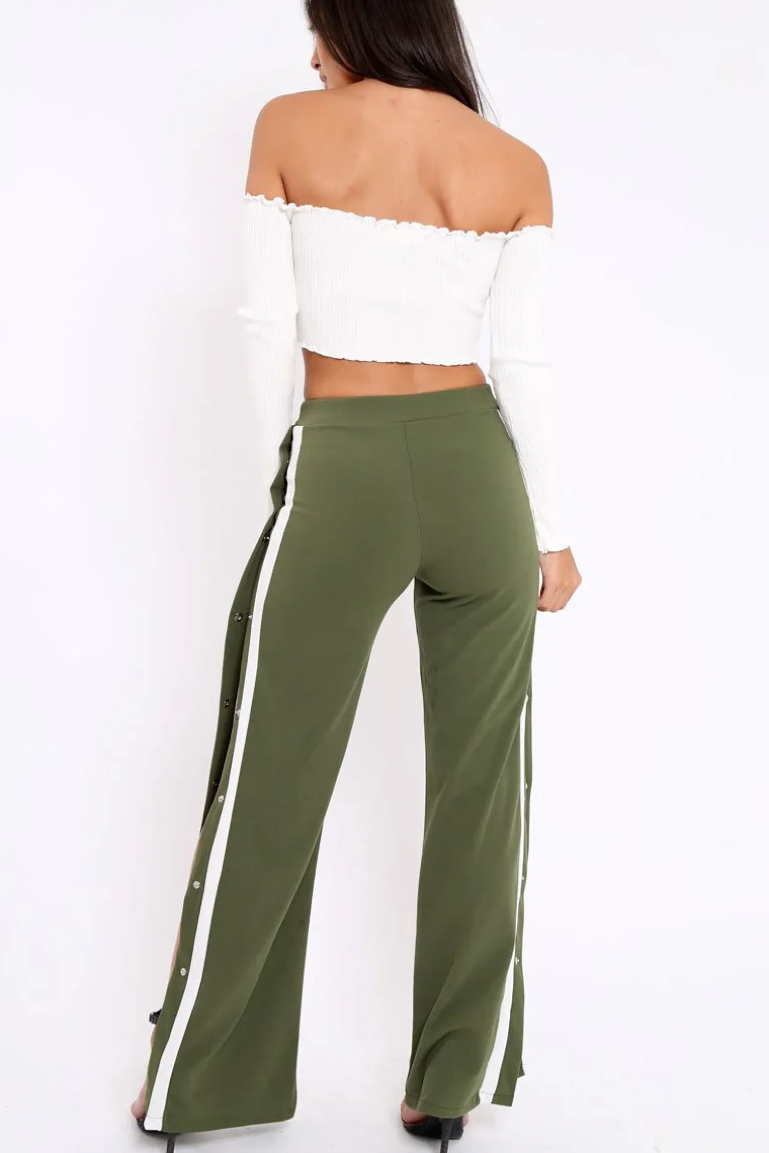 Rebellious Fashion Khaki Side Popper White Stripes Trousers - Sady